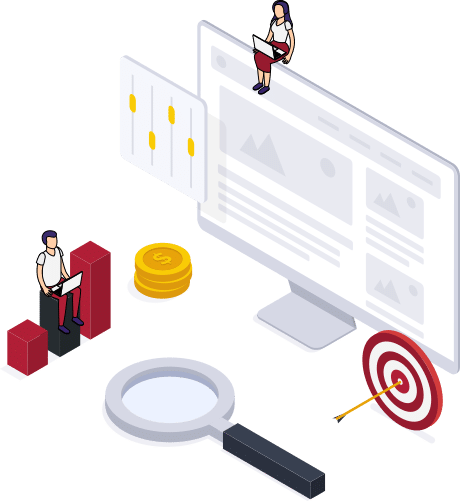 two small human figures sitting near digital advertising imagery ie. graphs, a magnifying glass and a target with an arrow dead centre
